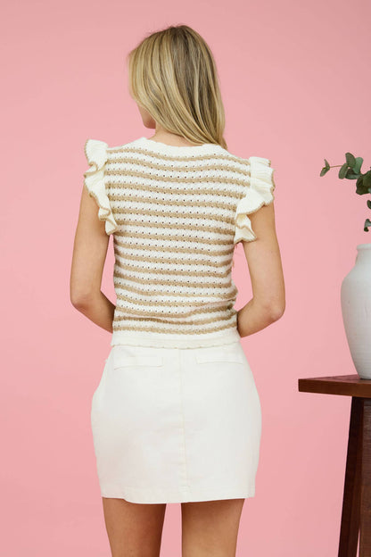 STRIPE SHORT RUFFLE SLEEVE SWEATER KNIT TOP