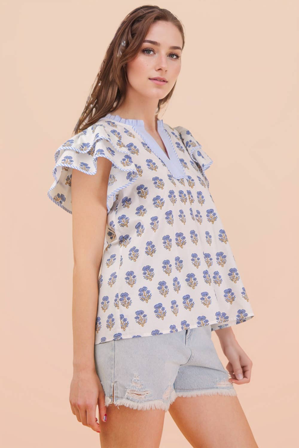 Ruffle Sleeve Printed Woven Blouse Top