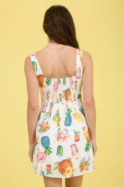 TROPICAL SUMMER PRINT SLEEVELESS LINEN MINI DRESS
