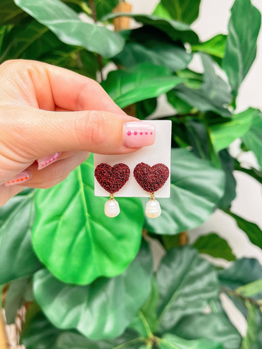Glitter Heart Pearl Drop Earrings