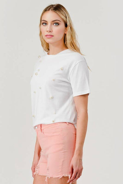 Pearl Round Neck Short-Sleeved T-Shirt