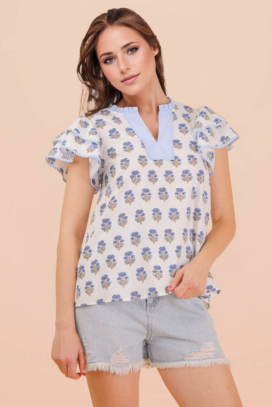 Ruffle Sleeve Printed Woven Blouse Top