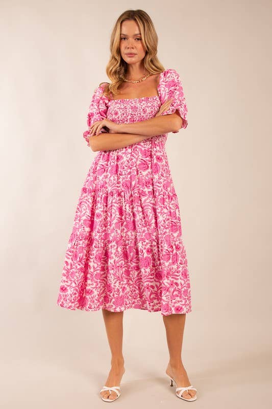 Floral Smocked Puff Sleeve Midi Dress