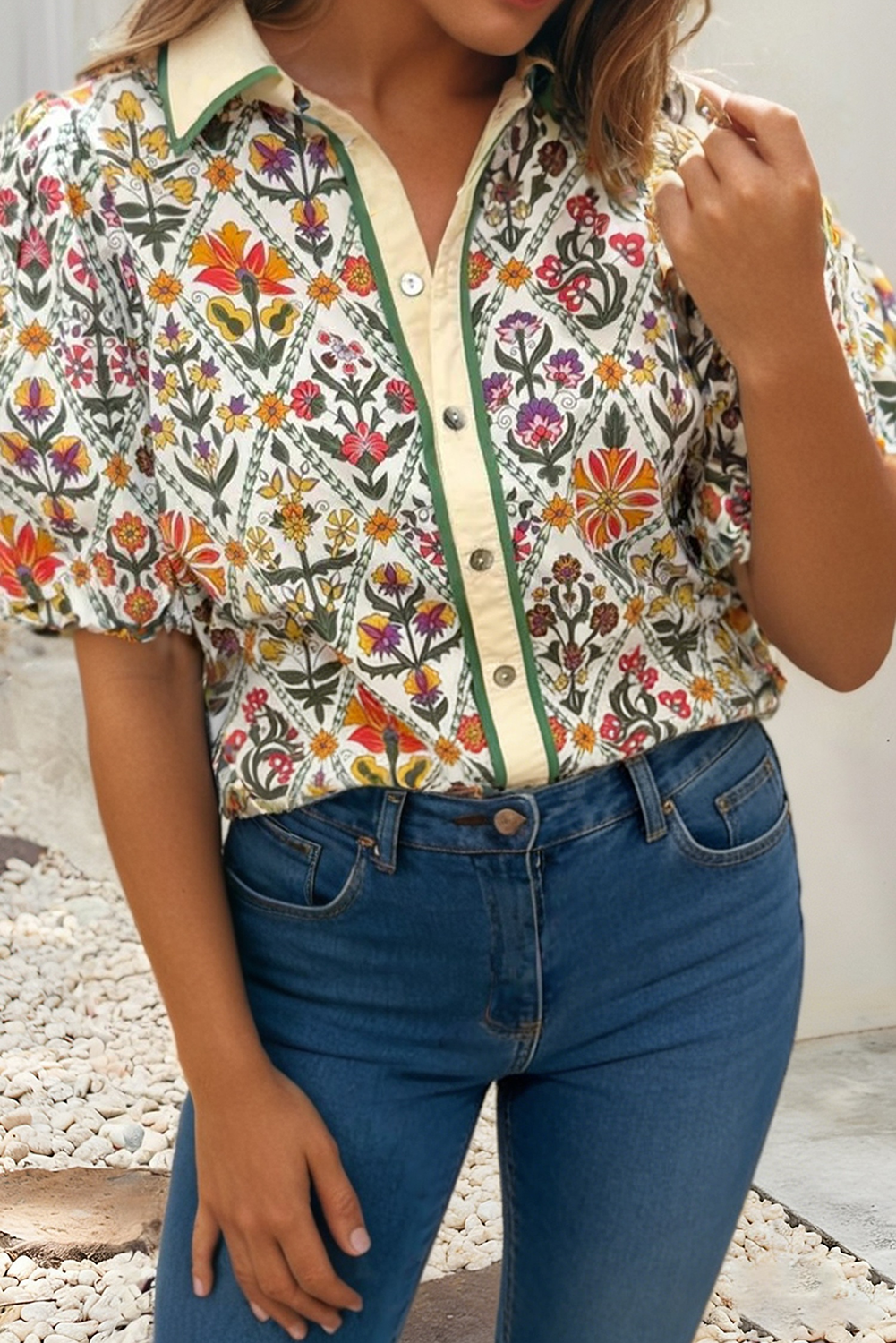 PRE ORDER Short Bubble Sleeve Collared Floral Shirt