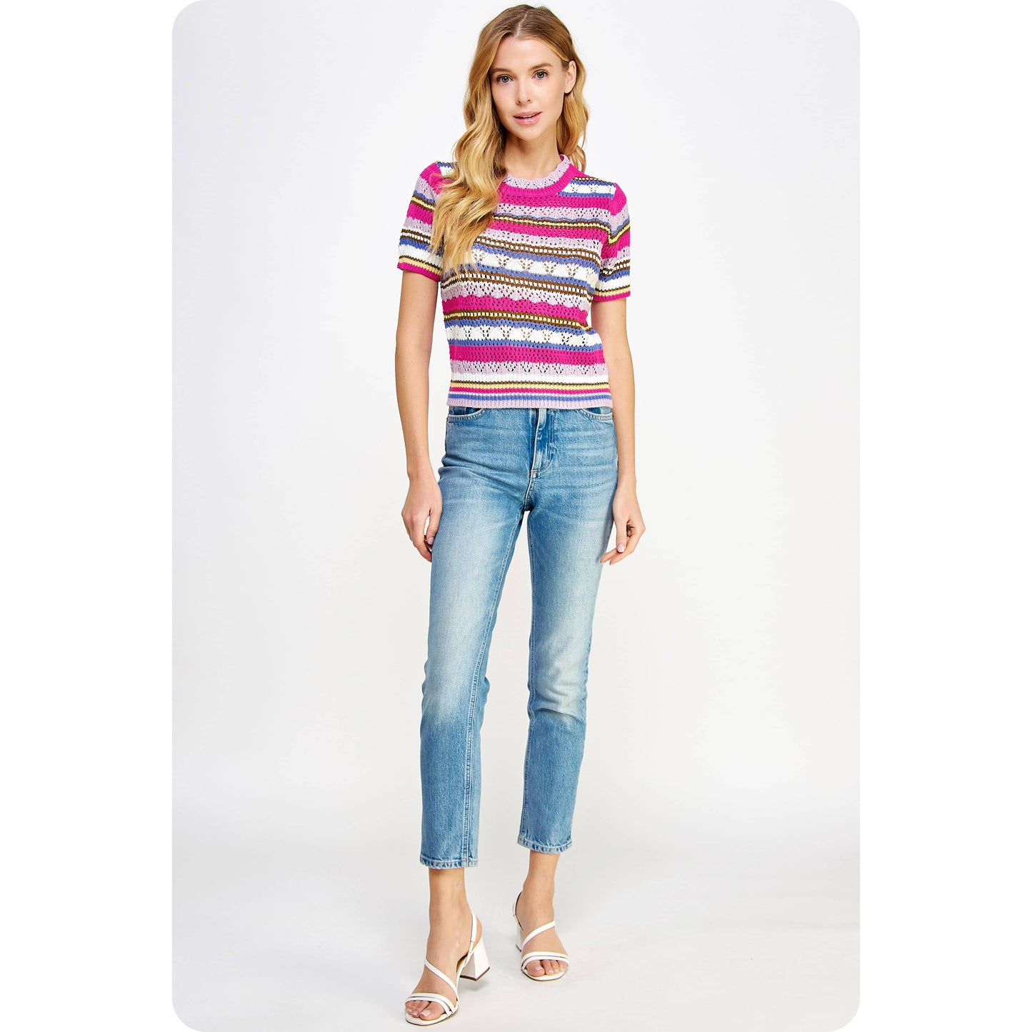 Multi Stripe Color Short Sleeve Crochet Knit Top
