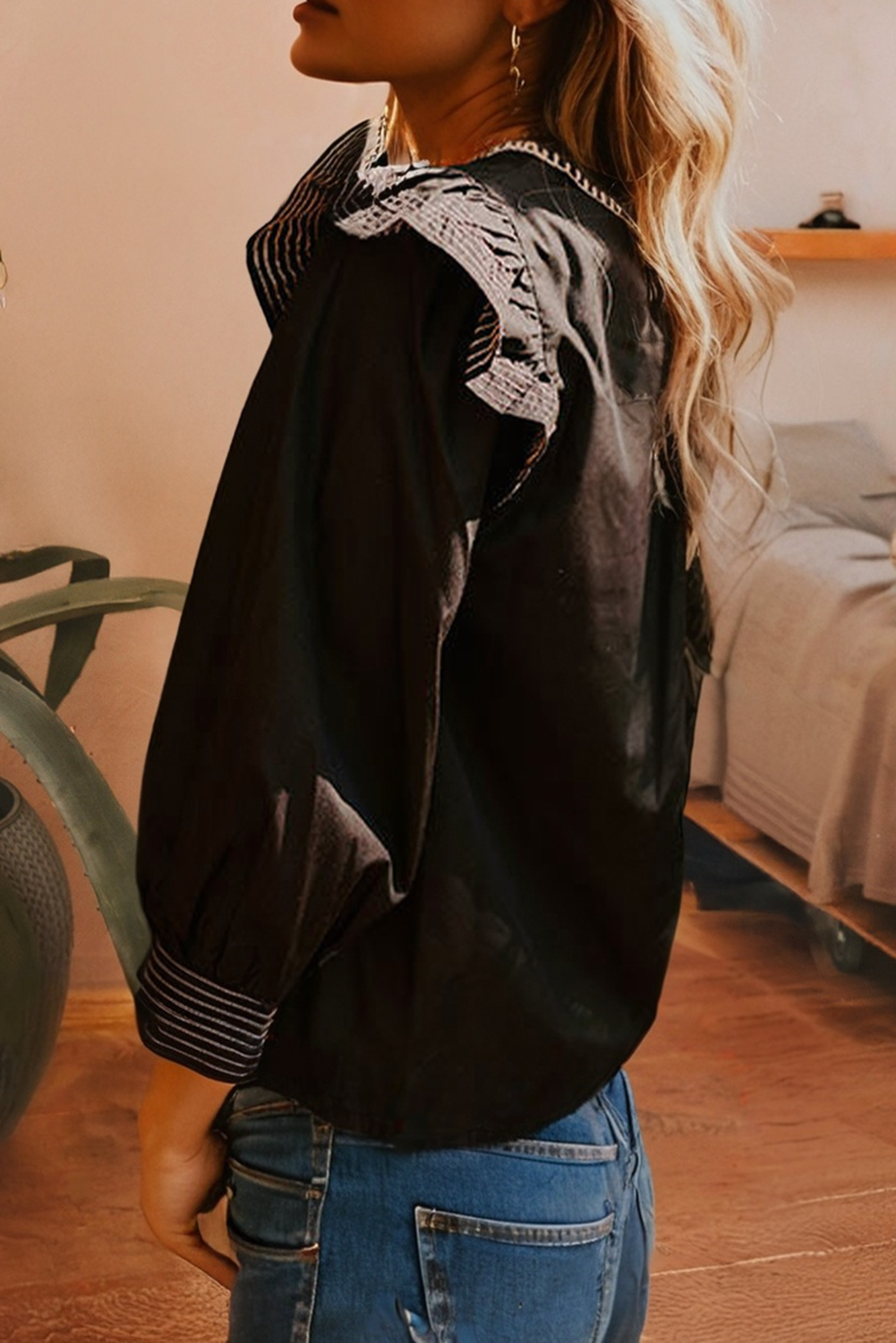 Stitched Detail V Neck Ruffle Long Sleeve Blouse