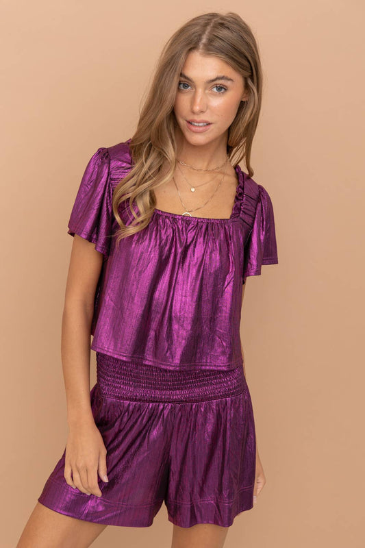 Metallic Ruffle Elastic Shoulder Crop Top Smocked