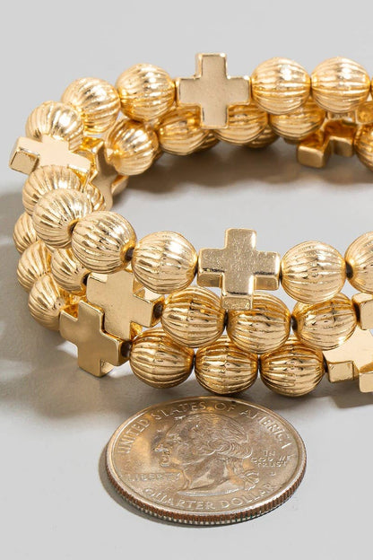 Textured Beads And Cross Charms Bracelet Set