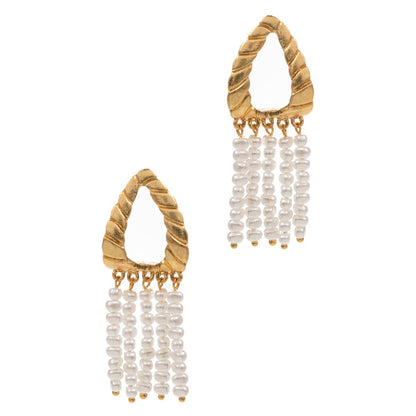 Linear Triangular with Pearl Tassel Post Earrings