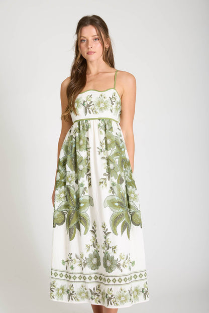 POSITANO FLORAL PATTERN SPAGHETTI STRAP MIDI DRESS