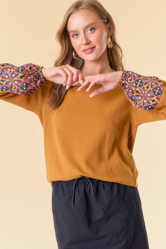 Printed Sleeve Knit Top