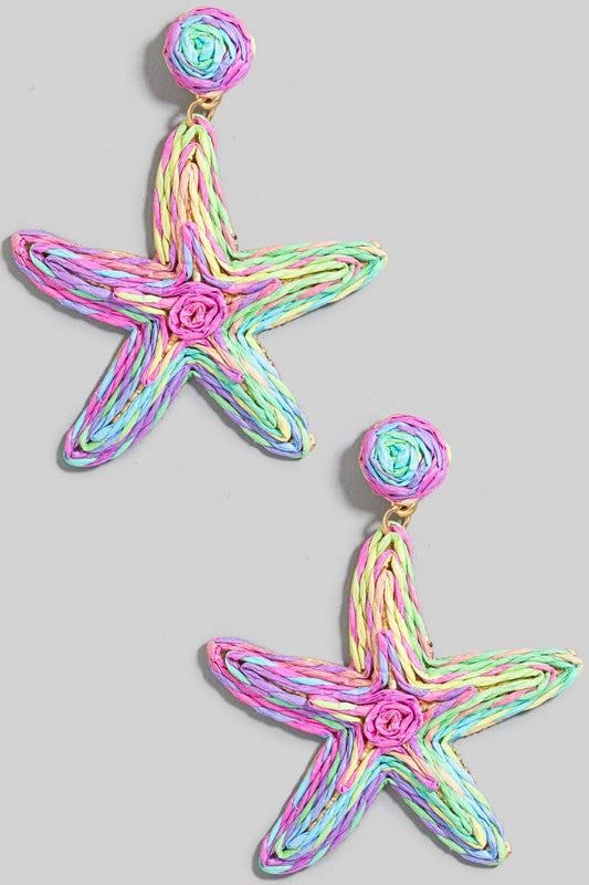 Large Straw Braided Starfish Dangle Earrings