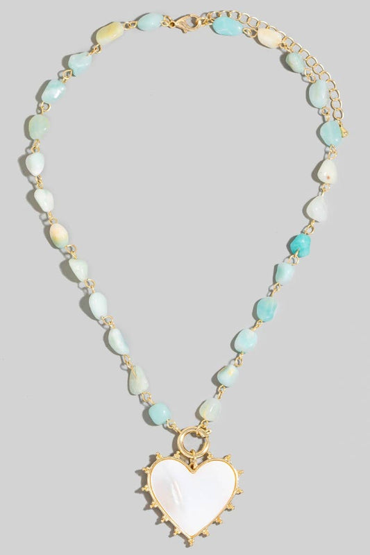 Shell Heart Pendant Stone Bead Chain Necklace
