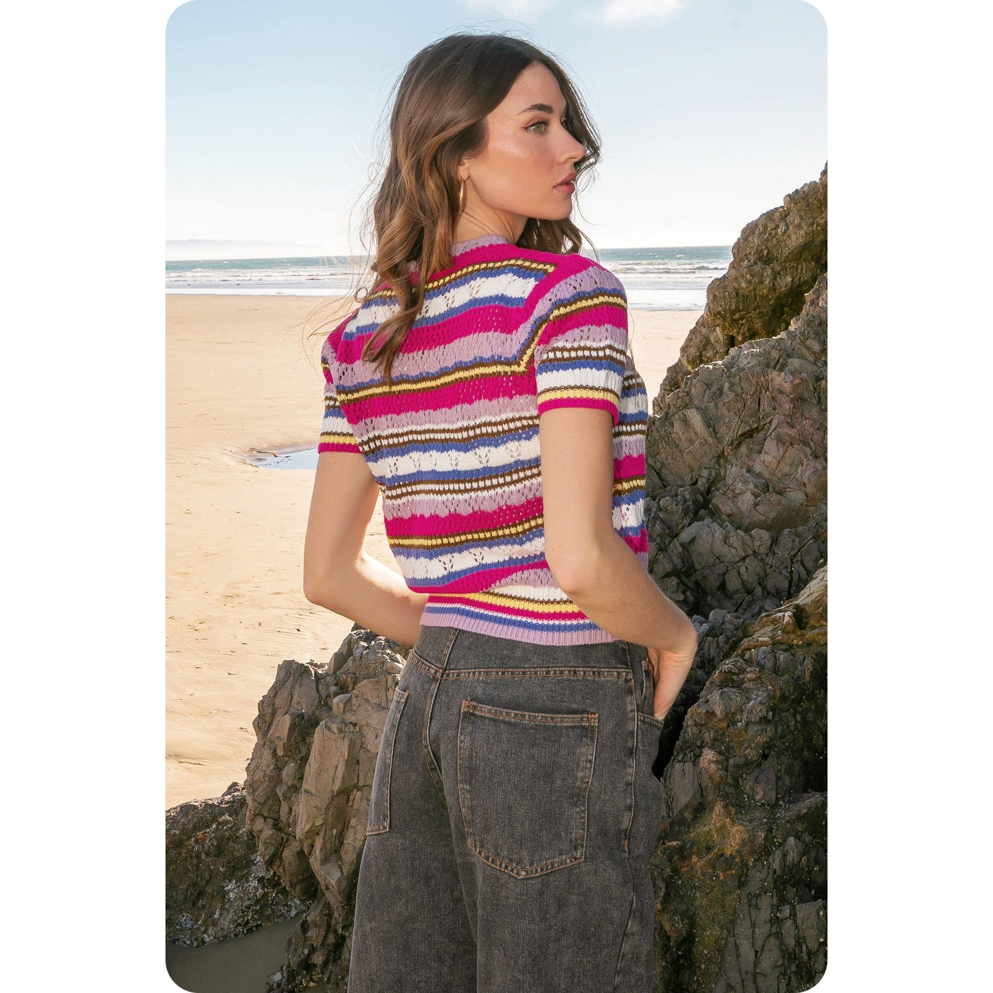 Multi Stripe Color Short Sleeve Crochet Knit Top