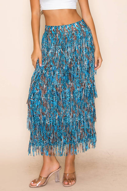 PRINTED POLY FRINGE LONG SKIRT