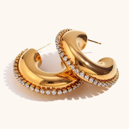 Gold Cz Rhinestone Hoop Earrings