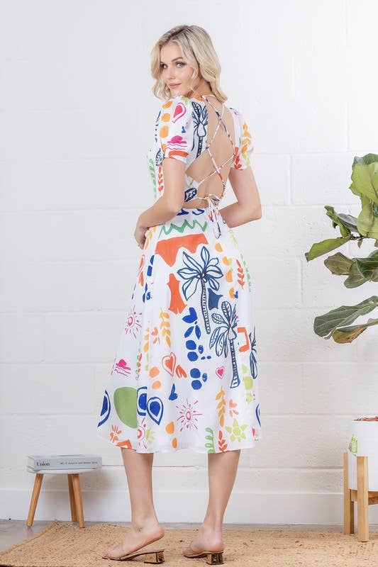 V-neck short sleeve back tie midi dress
