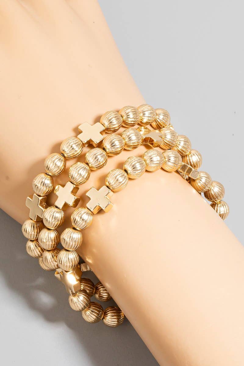 Textured Beads And Cross Charms Bracelet Set