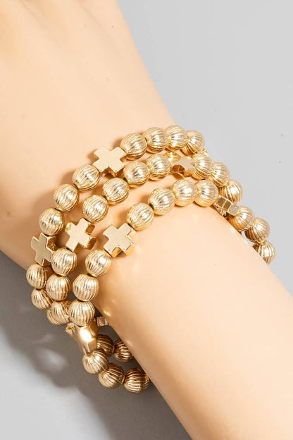 Textured Beads And Cross Charms Bracelet Set