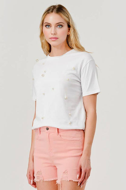 Pearl Round Neck Short-Sleeved T-Shirt
