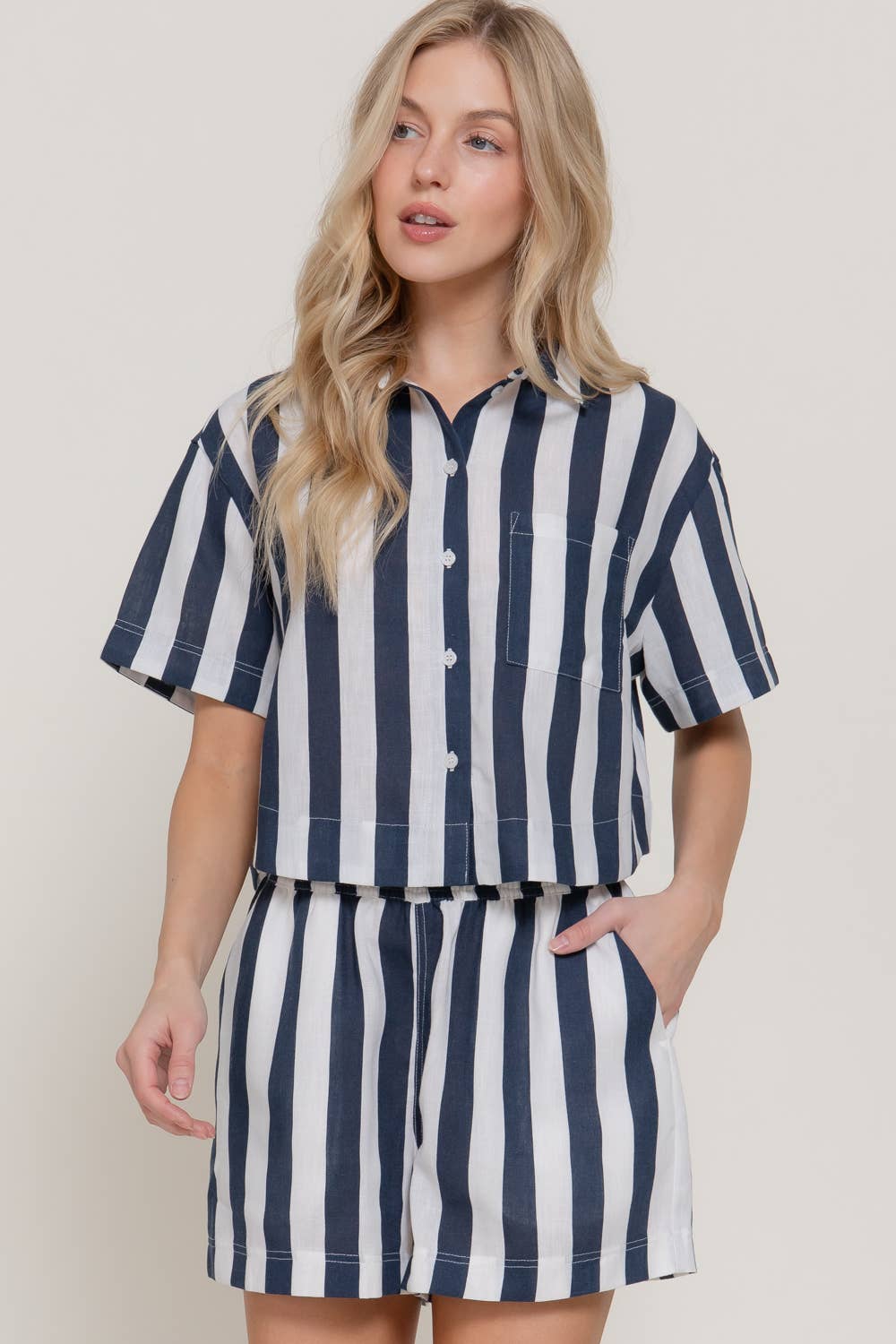 Short Sleeve Shirt & Wide Stripe Linen Effect Shorts Set