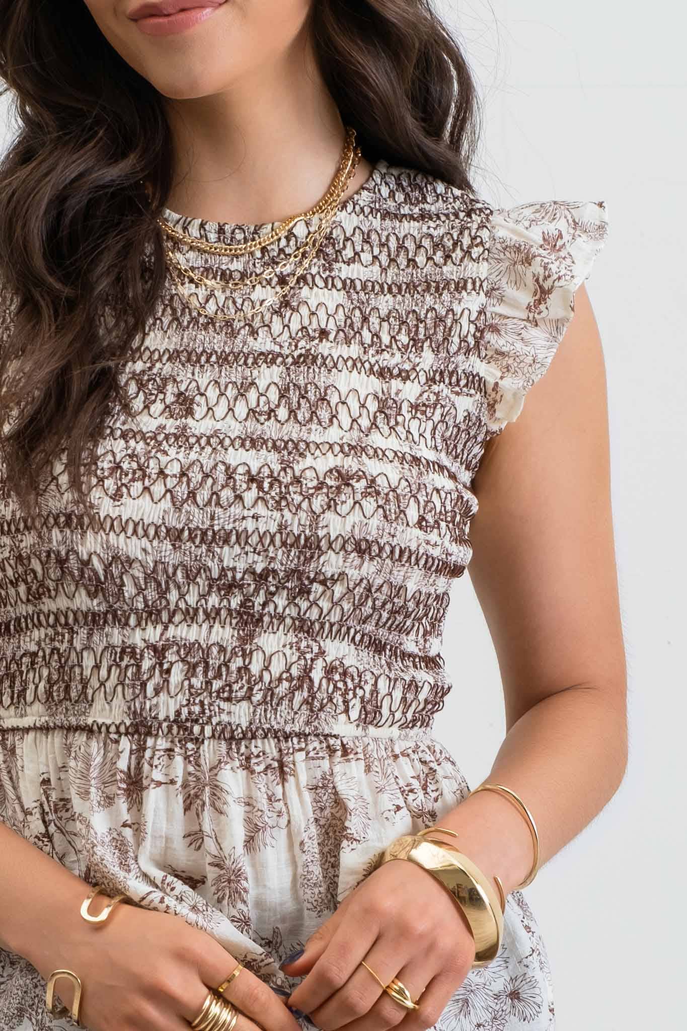 PALM PRINT SMOCKED BLOUSE