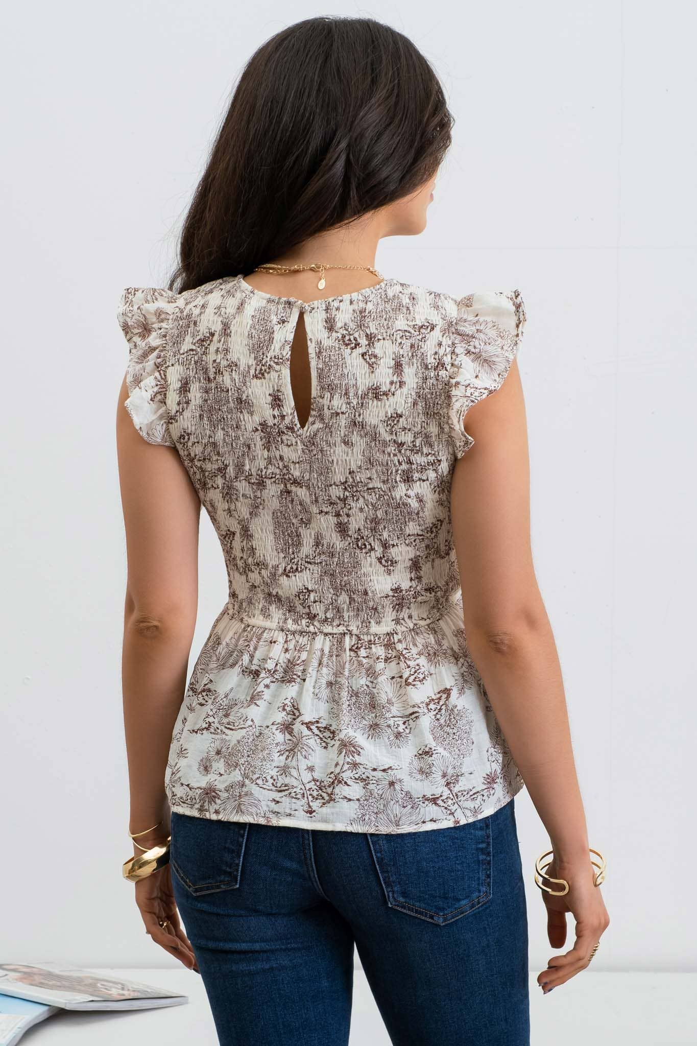 PALM PRINT SMOCKED BLOUSE