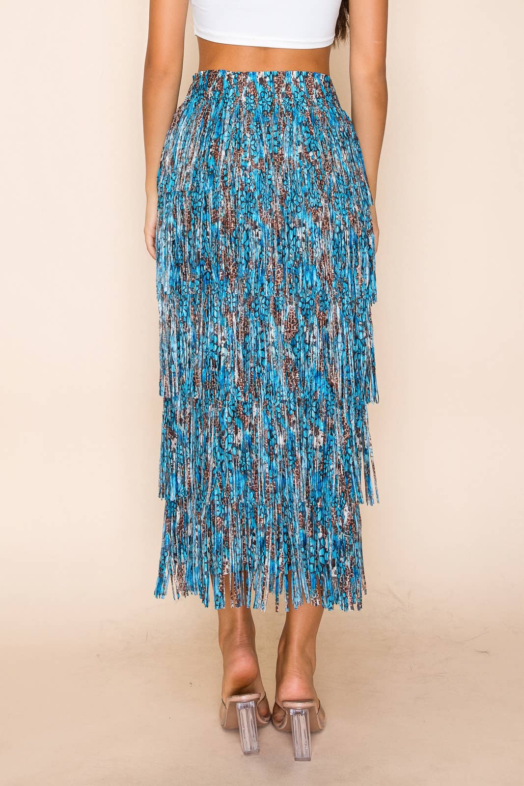 PRINTED POLY FRINGE LONG SKIRT