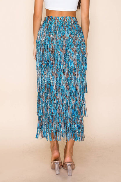 PRINTED POLY FRINGE LONG SKIRT