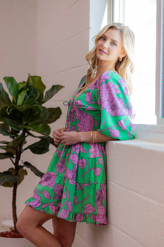 PRE-ORDER Floral print balloon sleeve mini dress