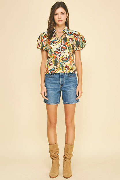 FLORAL PRINT PUFFED SLEEVE BLOUSE TOP