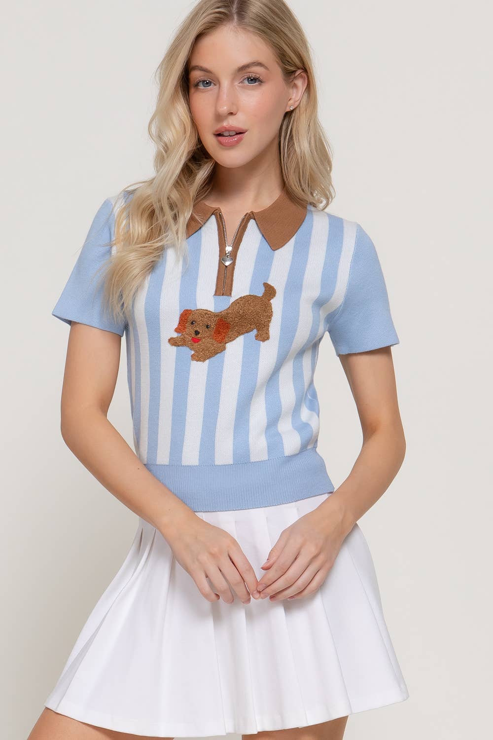 Short Sleeve Dog Frolicking Vertical Stripe Polo Top