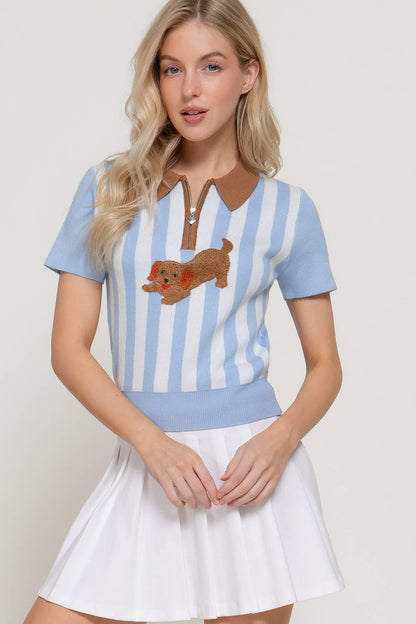Short Sleeve Dog Frolicking Vertical Stripe Polo Top