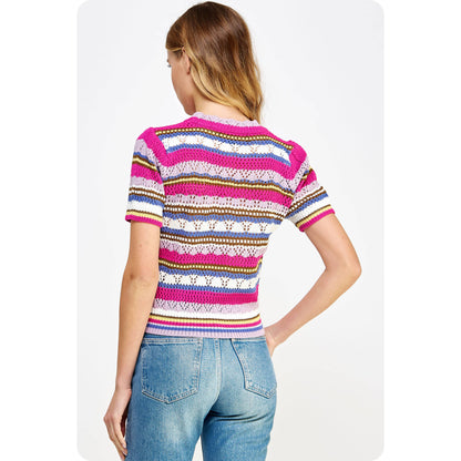 Multi Stripe Color Short Sleeve Crochet Knit Top