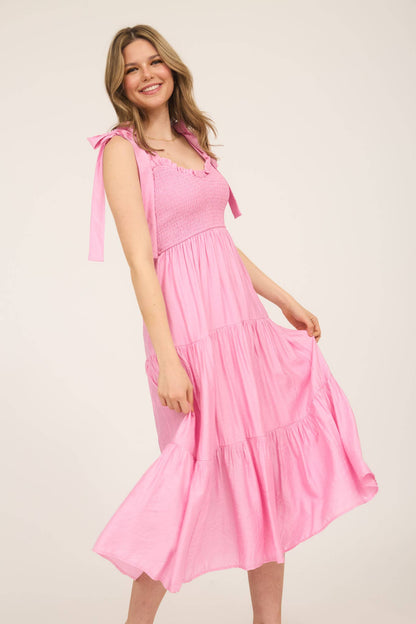 SWEETHEART NECK TIE STRAP SMOCKED TIERED MAXI DRES