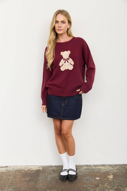 PRE ORDER- TEDDY JACQUARD CREW NECK KNIT PULLOVER SWEATER