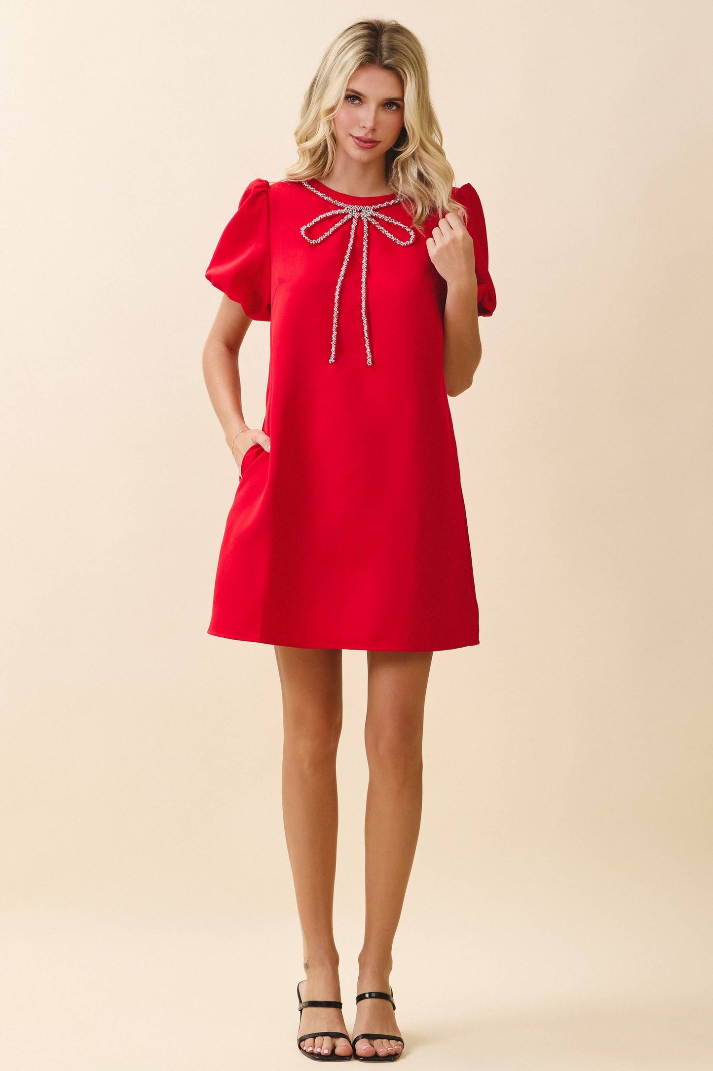 Sparkling Crystal Bow Trim A Line Mini Dress