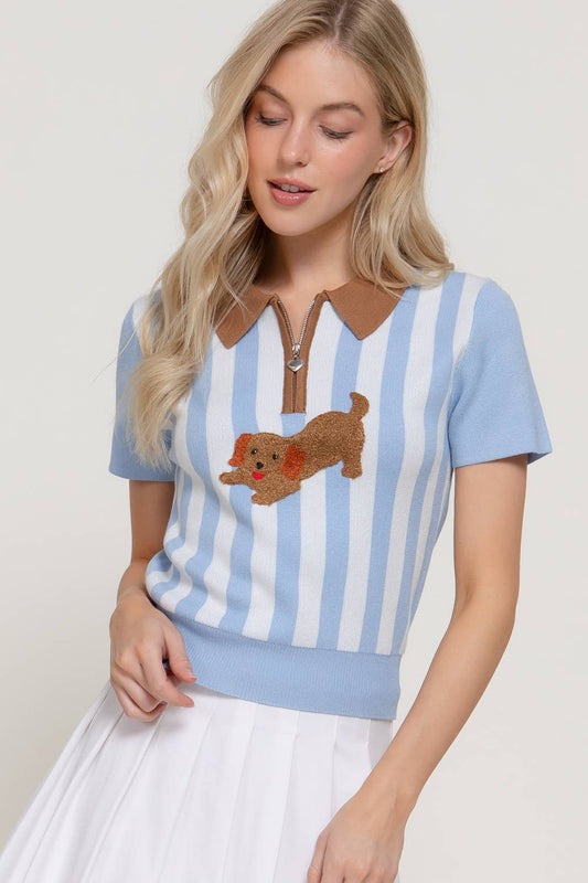 Short Sleeve Dog Frolicking Vertical Stripe Polo Top