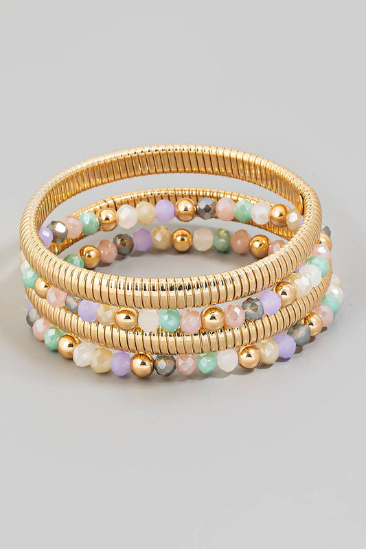 Mixed Beads And Metallic Coil Elastic Bracelet Set