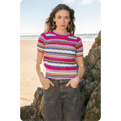 Multi Stripe Color Short Sleeve Crochet Knit Top