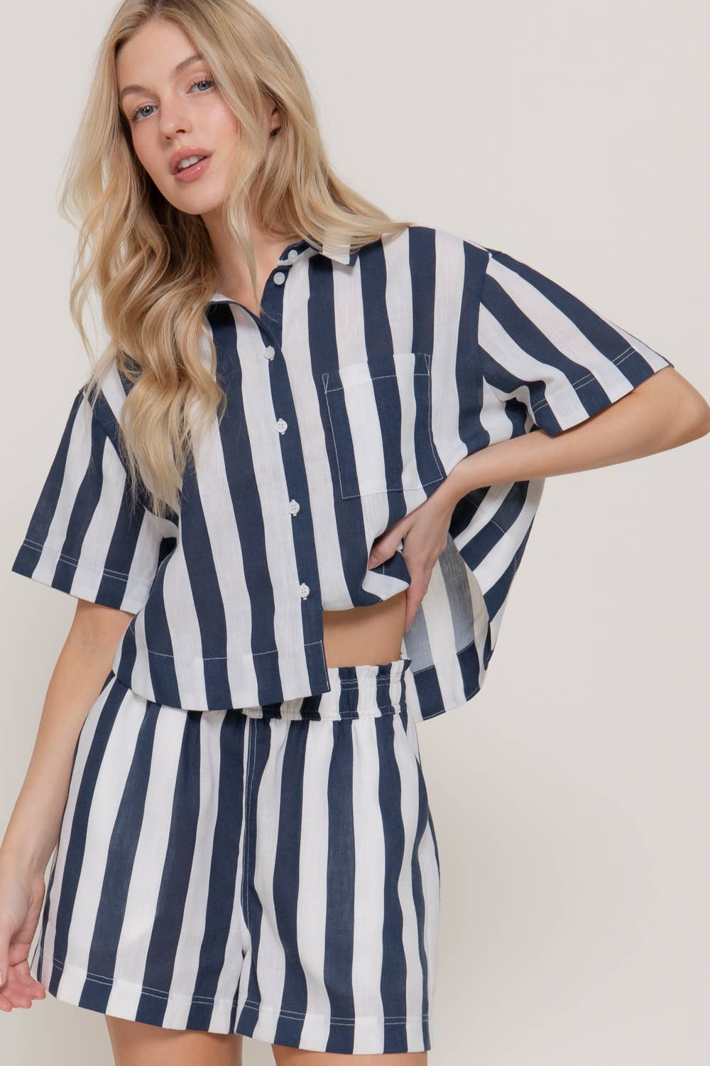 Short Sleeve Shirt & Wide Stripe Linen Effect Shorts Set