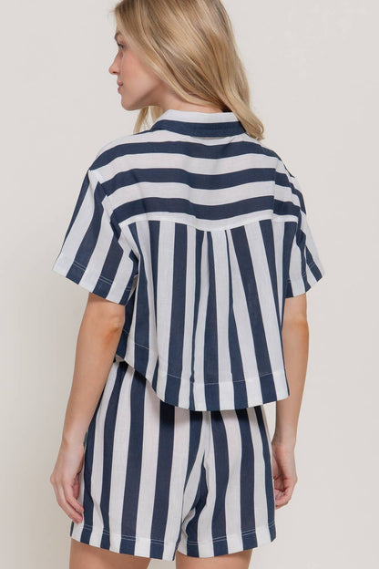 Short Sleeve Shirt & Wide Stripe Linen Effect Shorts Set