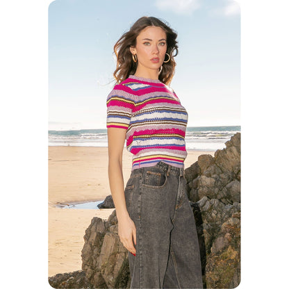 Multi Stripe Color Short Sleeve Crochet Knit Top