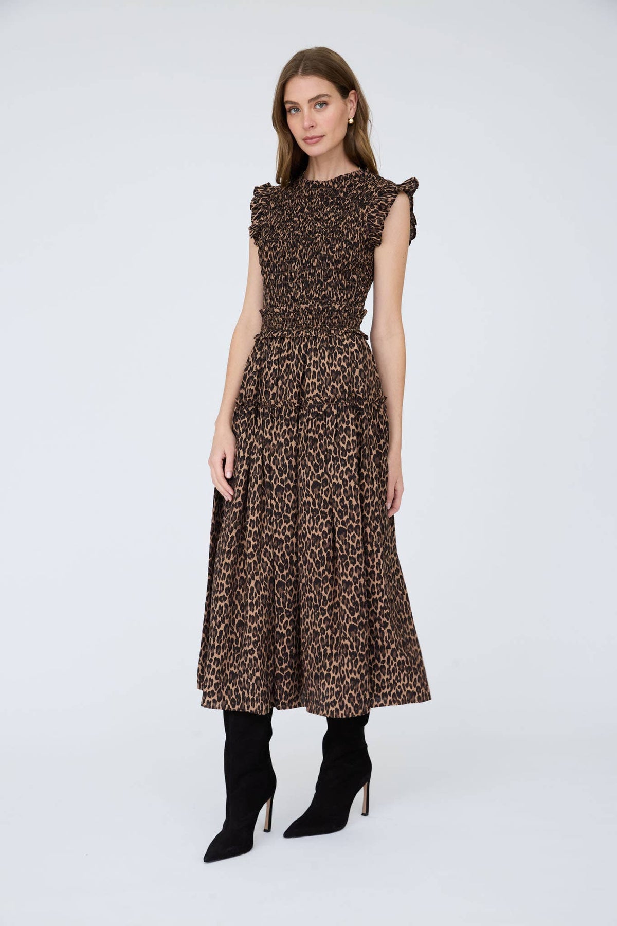 PRE ORDER LEOPARD SLEEVELESS SMOCKED TIERED MIDI DRESS