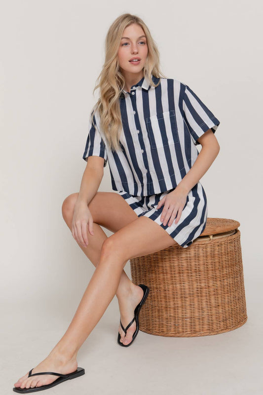 Short Sleeve Shirt & Wide Stripe Linen Effect Shorts Set
