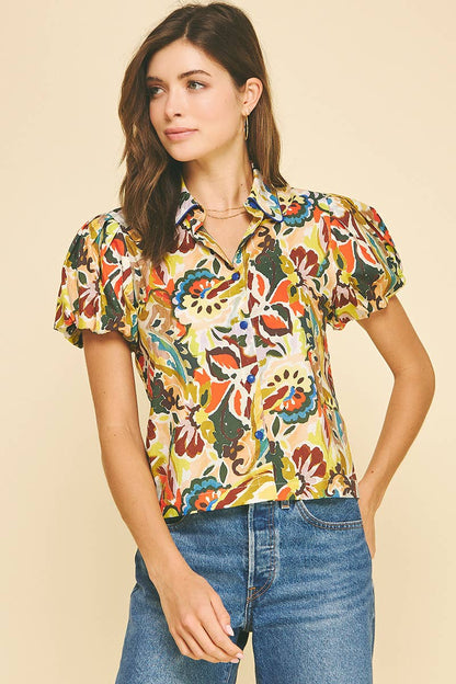 FLORAL PRINT PUFFED SLEEVE BLOUSE TOP
