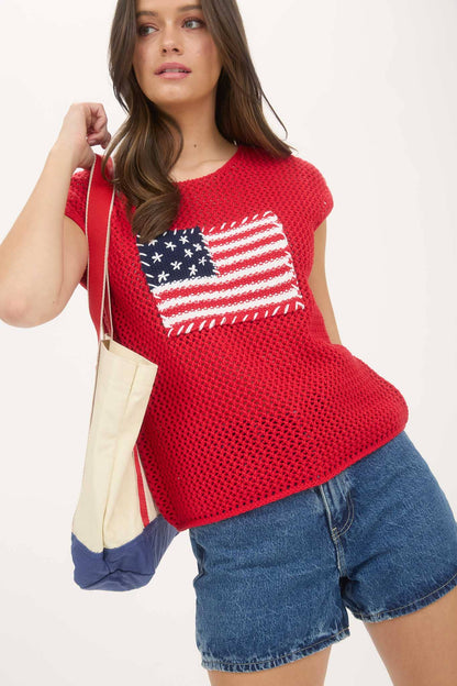 AMERICAN FLAG CROCHET KNIT SWEATER TOP