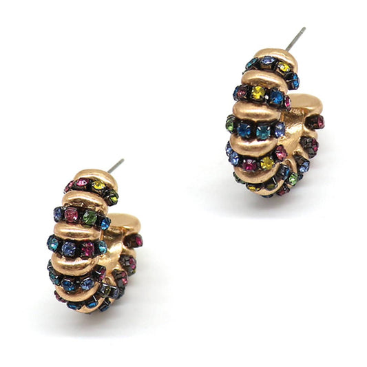 Small Metal Paved Hoop Post Earrings