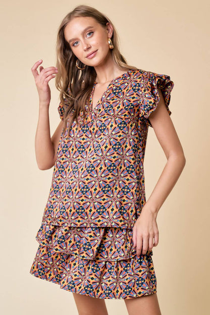 DOUBLE RUFFLE PRINTED TOP