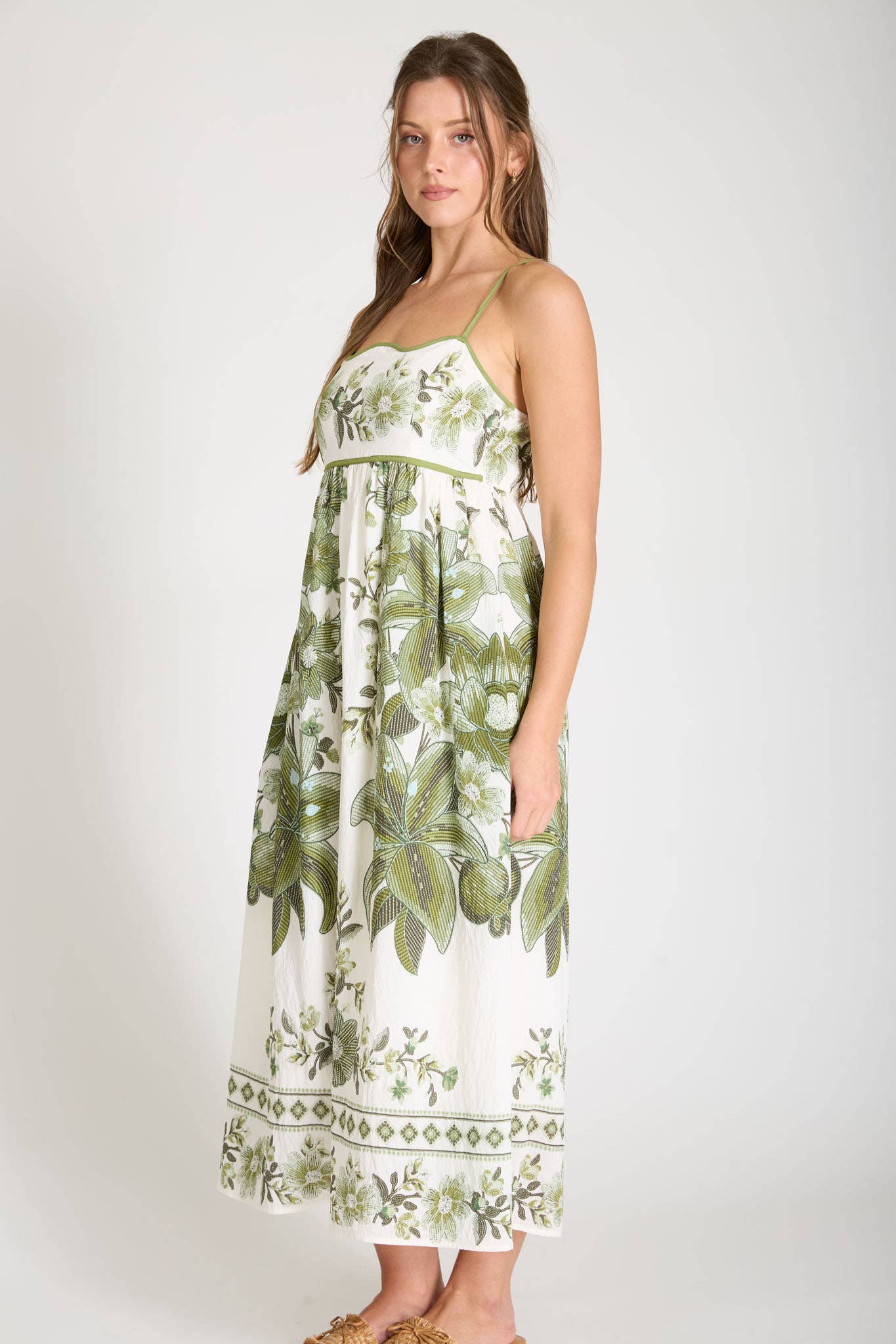 POSITANO FLORAL PATTERN SPAGHETTI STRAP MIDI DRESS